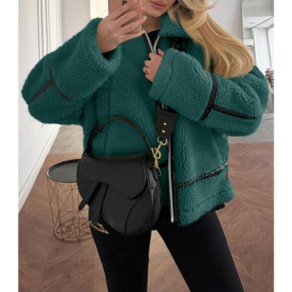 Women's Faux Fur Jacket Trendy Sherpa Moto Leather Patchwork Zip Up Army Green - Picture 3 of 6